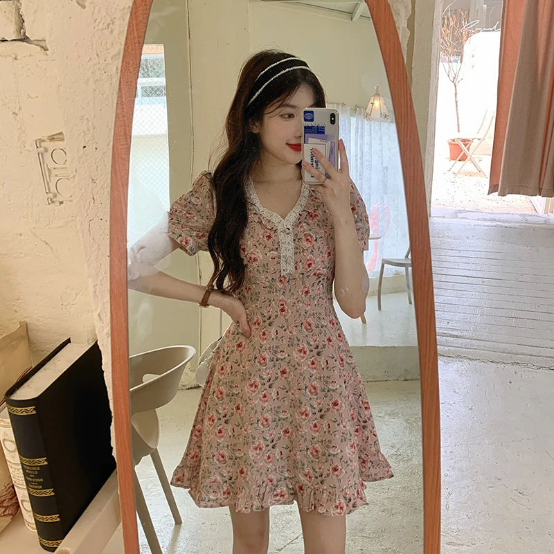 

COIGARSAM Cute Floral Print Women dress New High Waist Dresses 7004