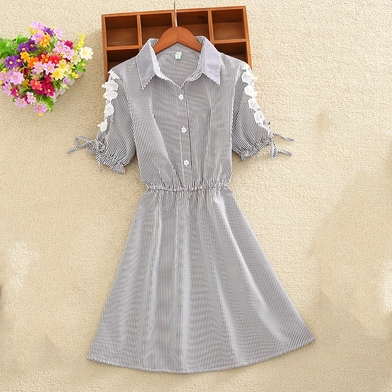 Женское летнее платье в полоску элегантное офисное рубашка с коротким рукавом и