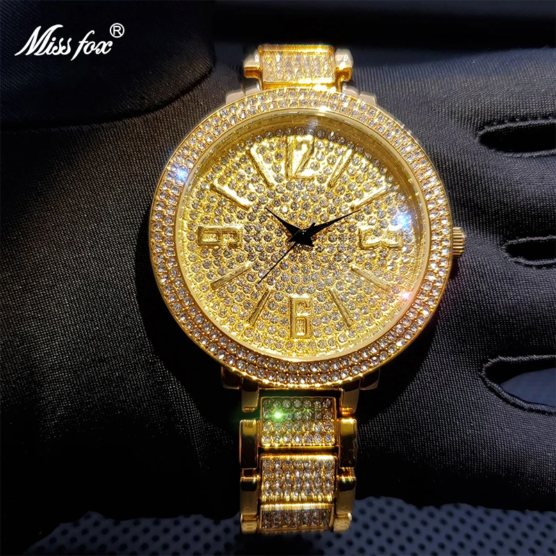 

MISSFOX Imperméable Watch for Men Gold Diamond Luxury Bezel Quartz Watches Dropshippong Fashion Man 2021 Dad Gift horloge homme