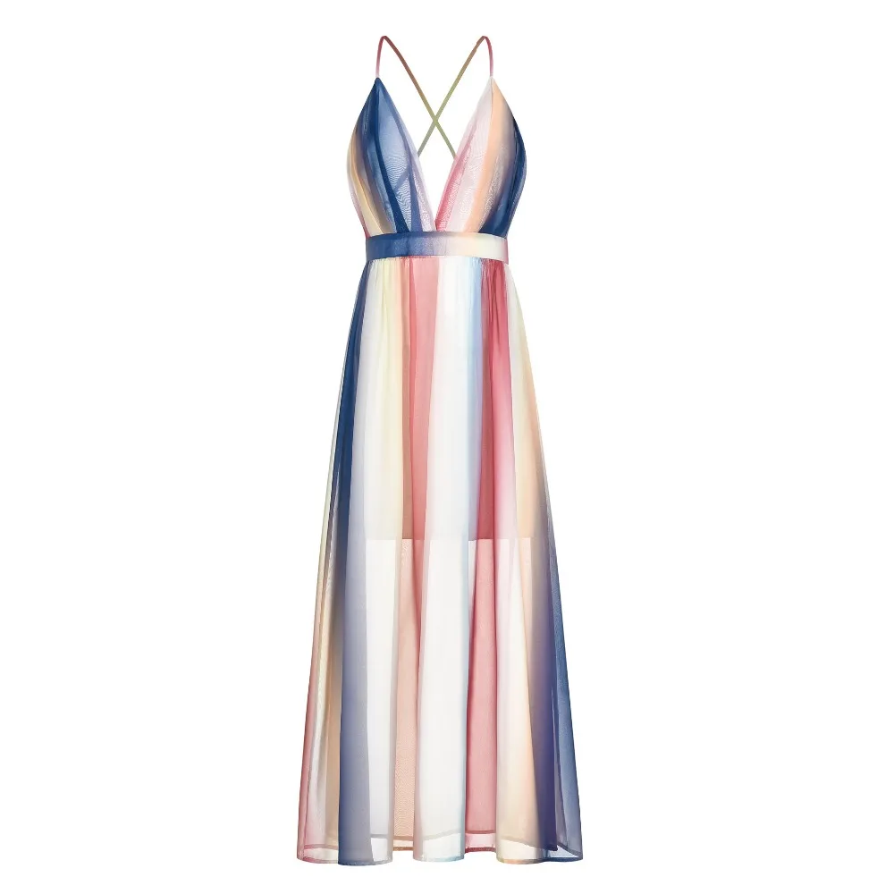 

Boho elegant spaghetti strap striped chiffon dress women spring summer sexy long dresses casual holiday female vestidos AD0848