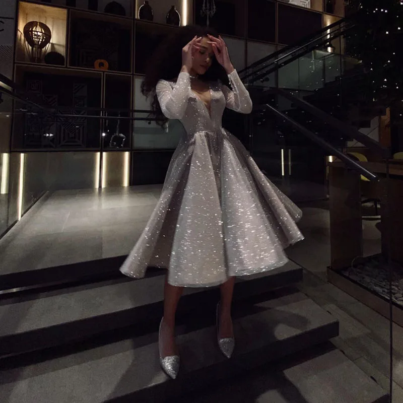 

SoDigne Sparkling Evening Dress 2021 robe longue V- neck Long Sleeves Medium Length Wedding Party Dress Prom Gowns