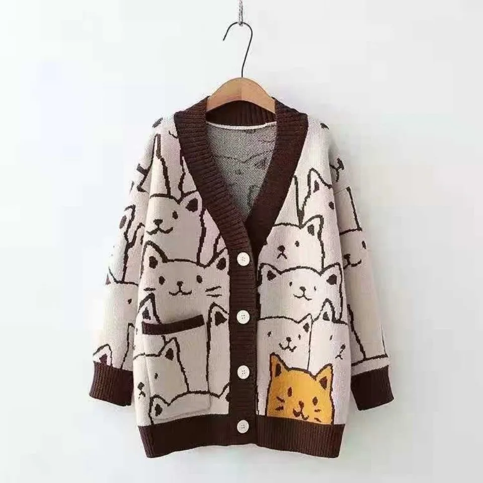 

Women Cute Harajuku Kawaii Cartoon V Neck Cardigan Cat Vintage Knitted Sweater Female Retro Fashion Long Sleeve Knitwear Coat