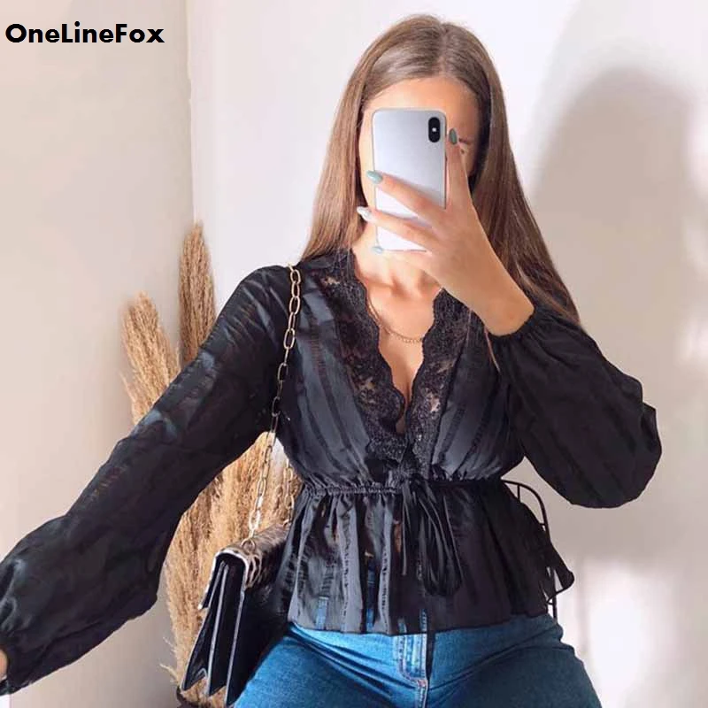 

OneLineFox черного цвета с кружевами рубашки с v-образным вырезом галстуком-бабочкой с длинными рукавами в стиле пэчворк пикантные короткий топ ...