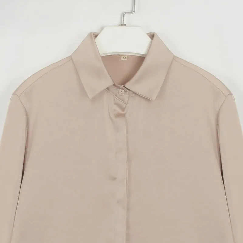 

Wixra Turn Down Collar Womens Blosue Satin Solid OL Style Full Sleeve Street Wear Loose Shirts Clothing 2021 Spring Summer