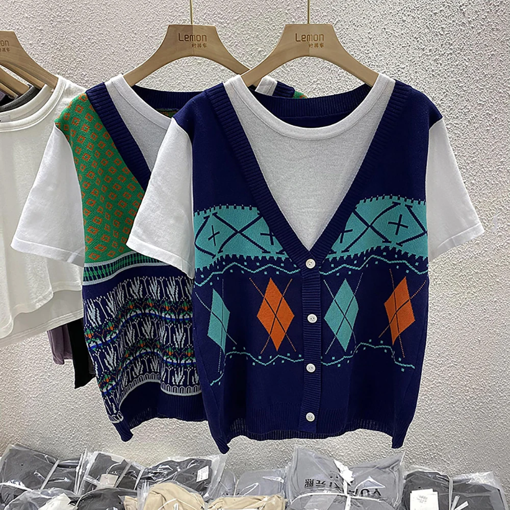 

Модная элегантная вязаная футболка в клетку с рисунком ромбиками, с коротким рукавом, Женский Повседневный Свободный Топ с круглым вырезом,...