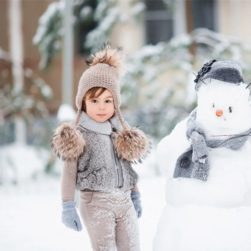 Детская шапочка вязаная шерстяная с помпонами из настоящего лисицы модные