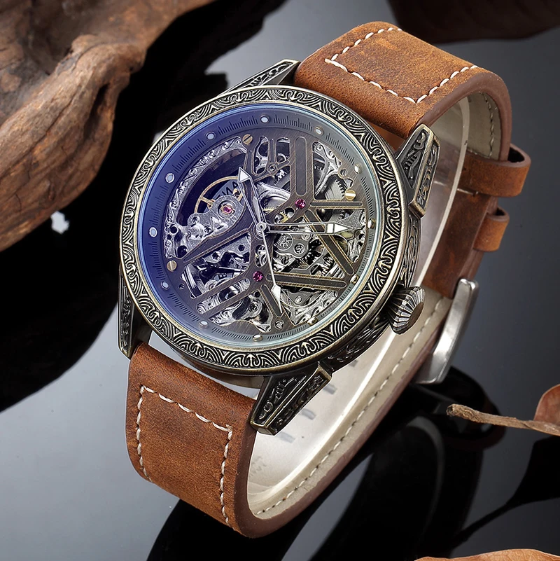 

Модные мужские наручные часы Shenhua автоматические механические Ретро-часы с ремешком из корения для мужчин
