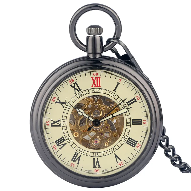 Vintage Automatic Self Winding Mechanical Pocket Watch Open Face Roman Numerals Luminous Hands Skeleton Clock FOB Chain Gift natural wooden fob watch with decorative dials round open face wood chain watch silver chain birthday gift montre de poche homme