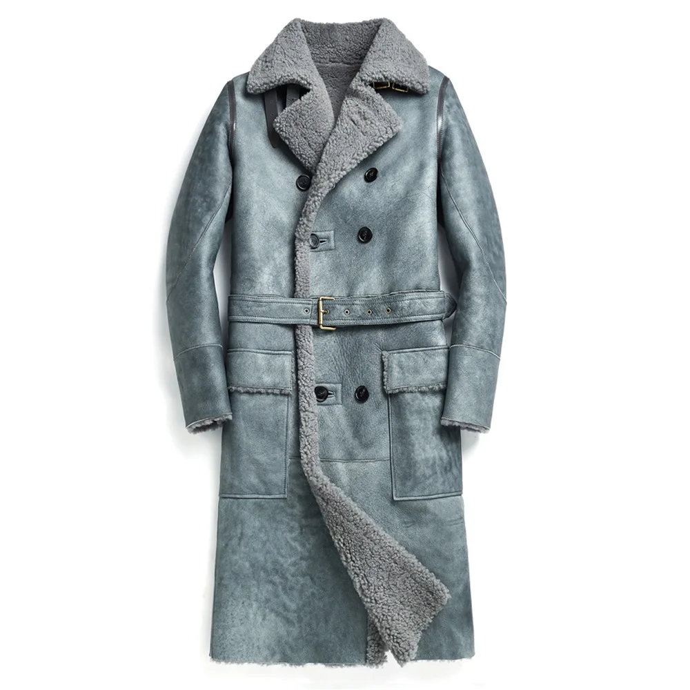 light blue Дизайн, шуба из овчины, натуральная кожа, Мужская официальная зимняя длинная Толстая шерстяная куртка, Мужская шуба из овчины, 4XL - Цвет: light blue
