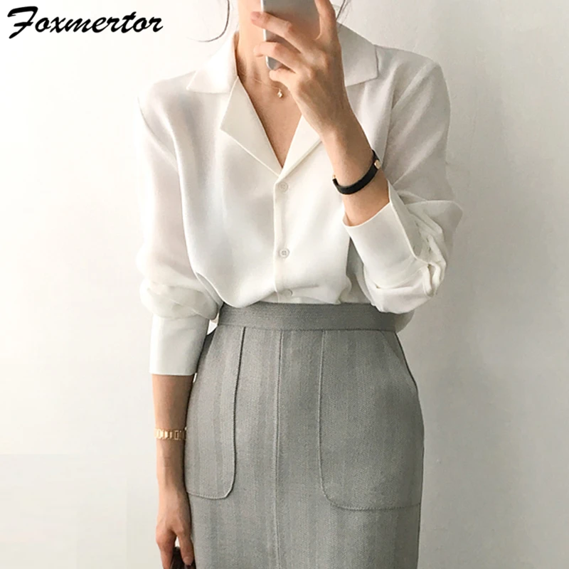 Womens Tops And Blouses Long Sleeve Solid White Chiffon Blouse Office Ladies Shirt Blusas 2020 Autumn Female Clothes #88