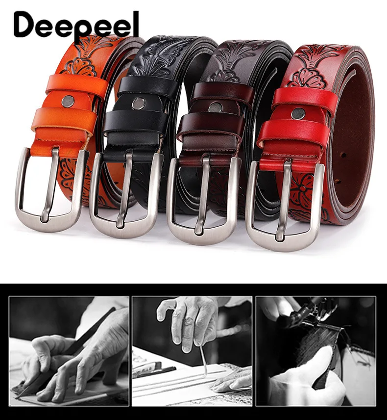 

Deepeel 1pc 3.8*105-125cm Men's Genuine Leather Cowhide Belt Embossed Male Designer Belts Leather Crafts Pin Buckles Waistband