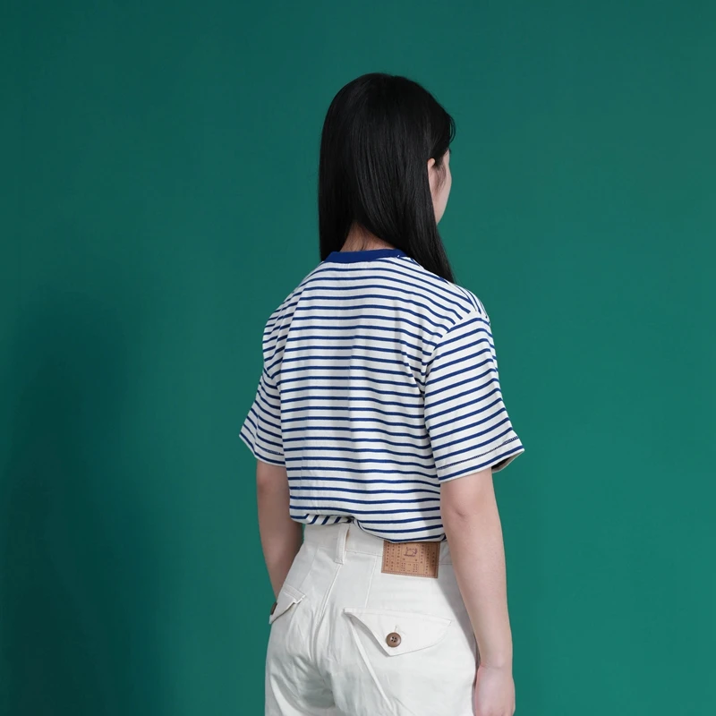 

2021 Women's Blue and white Stripe T-shirt casual Summer short sleeves Cotton Retro Thick O-Neck Young Style shirt women vintage