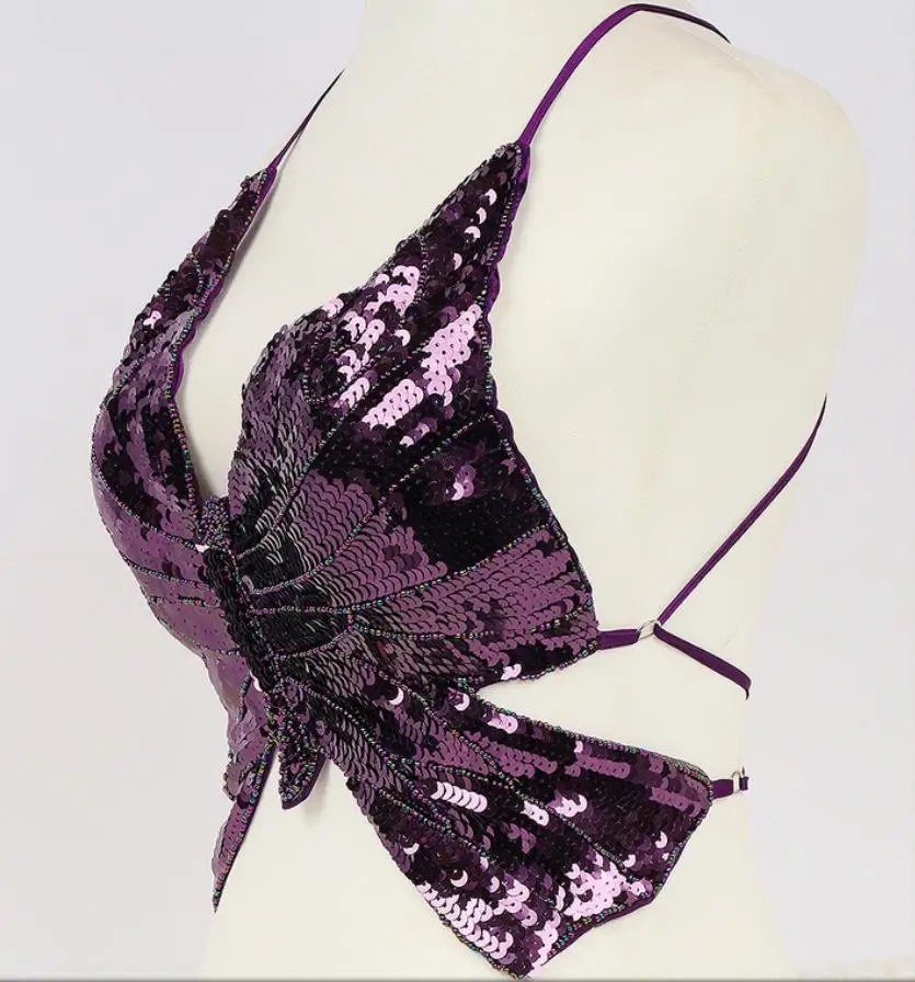 Женский сексуальный топ труба с бретелькой через шею Бабочка блестящая вышивка