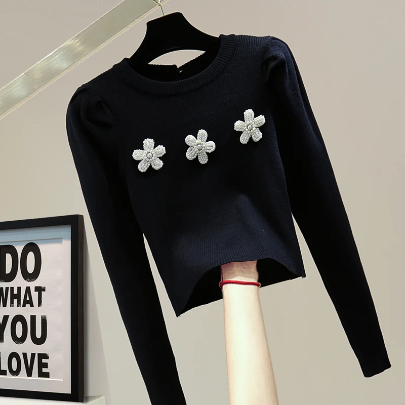 Женский укороченный топ с бусинами Осень-зима 2021 корейский Однотонный свитер