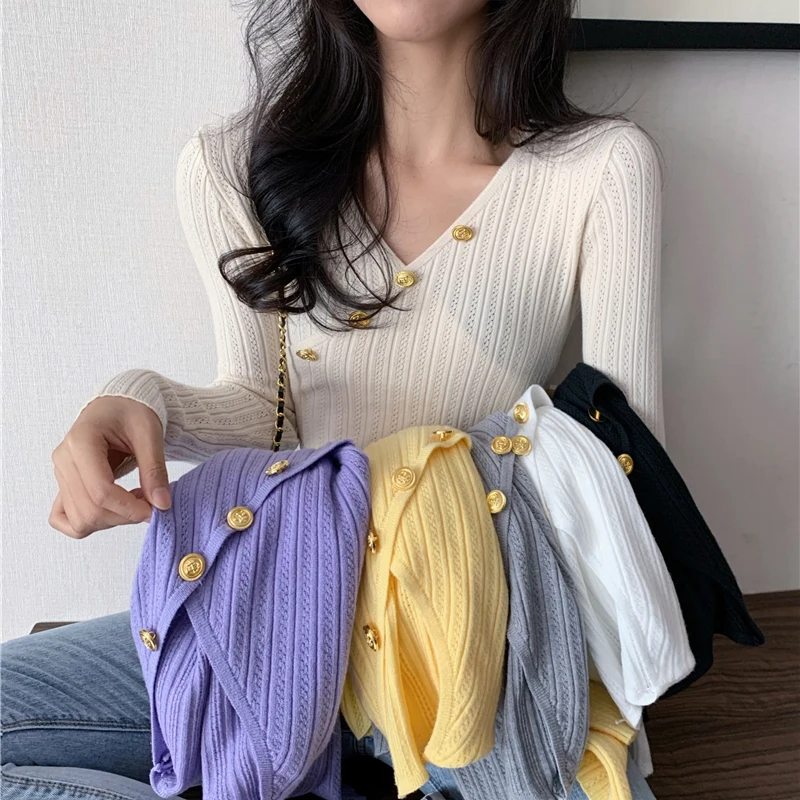 

Pull Femme V-Neck Jumper Sweater Hollow Out Long Sleeve Knitted Women Button Korean Fashion 2021 Spring Woman Sweaters Knit Top