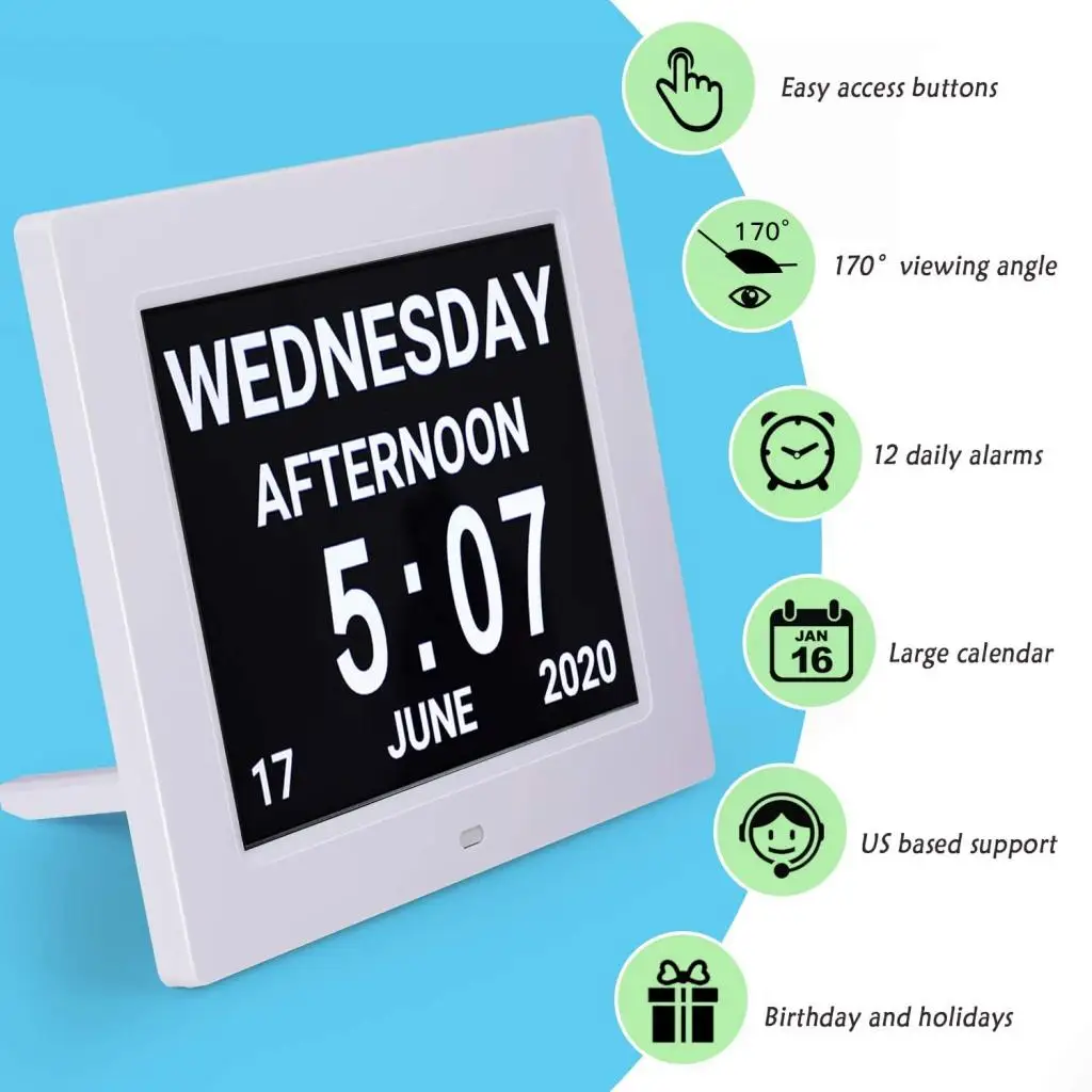 

8" Large Screen Digital Calendar Day Clock 5 Alarm Dementia Non-Abbreviated