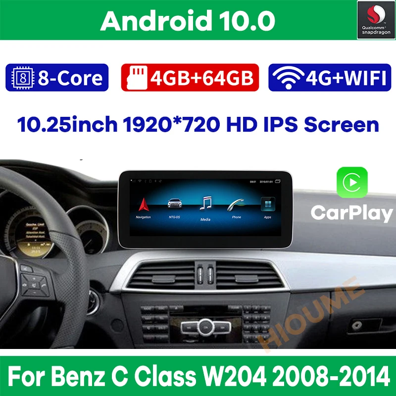 Snapdragon Android 10 Автомобильный мультимедийный плеер GPS Радио для Mercedes Benz C Class W204 S204 2008