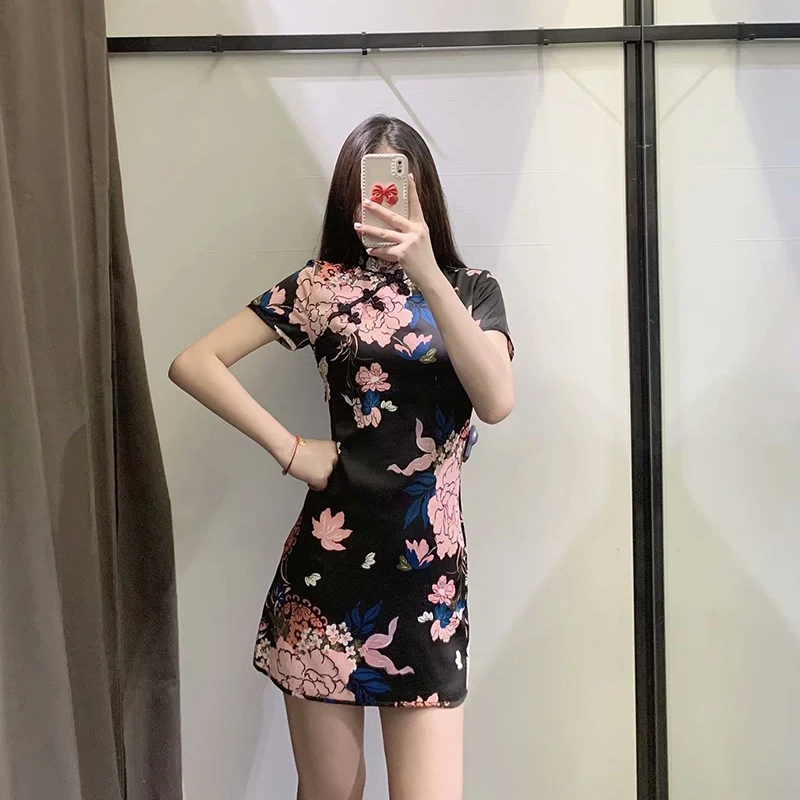 

Женское модное пикантное мини-платье с коротким рукавом и полувысоким воротником, винтажное женское платье в китайском стиле с пуговицами ...
