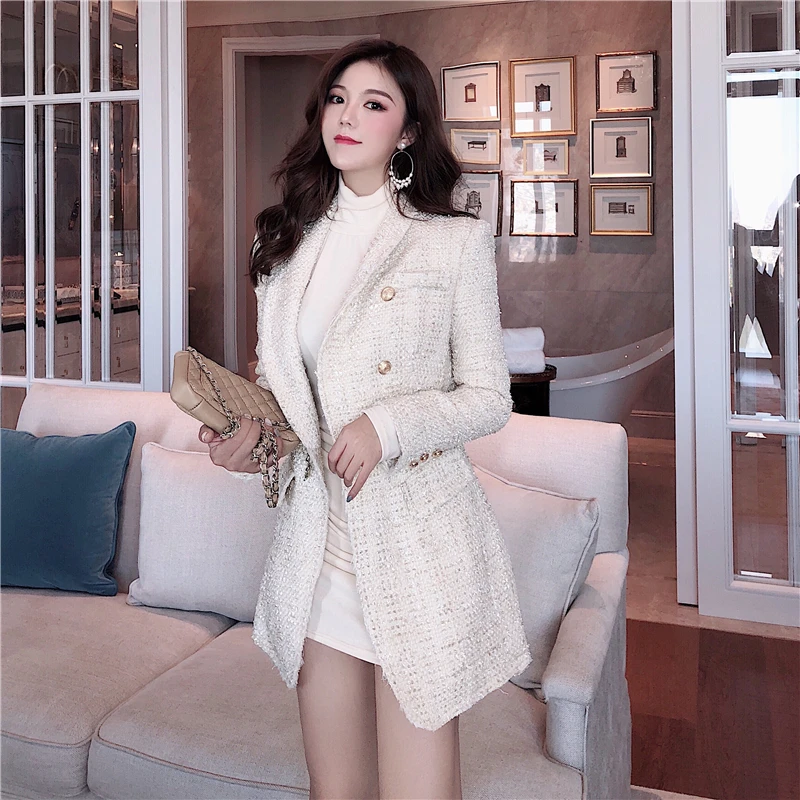 Женская твидовая куртка роскошная маленькая парная двубортная с отложным