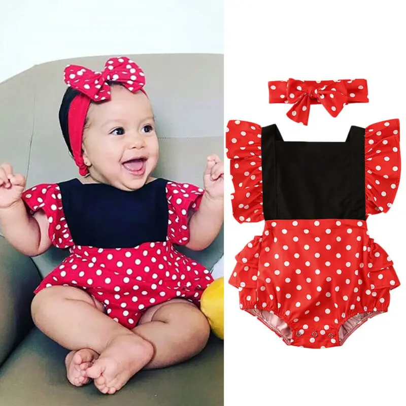 

NEW Newborn Baby Girl Polka Dots Romper Bodysuit Jumpsuit Headband Clothes Outfit