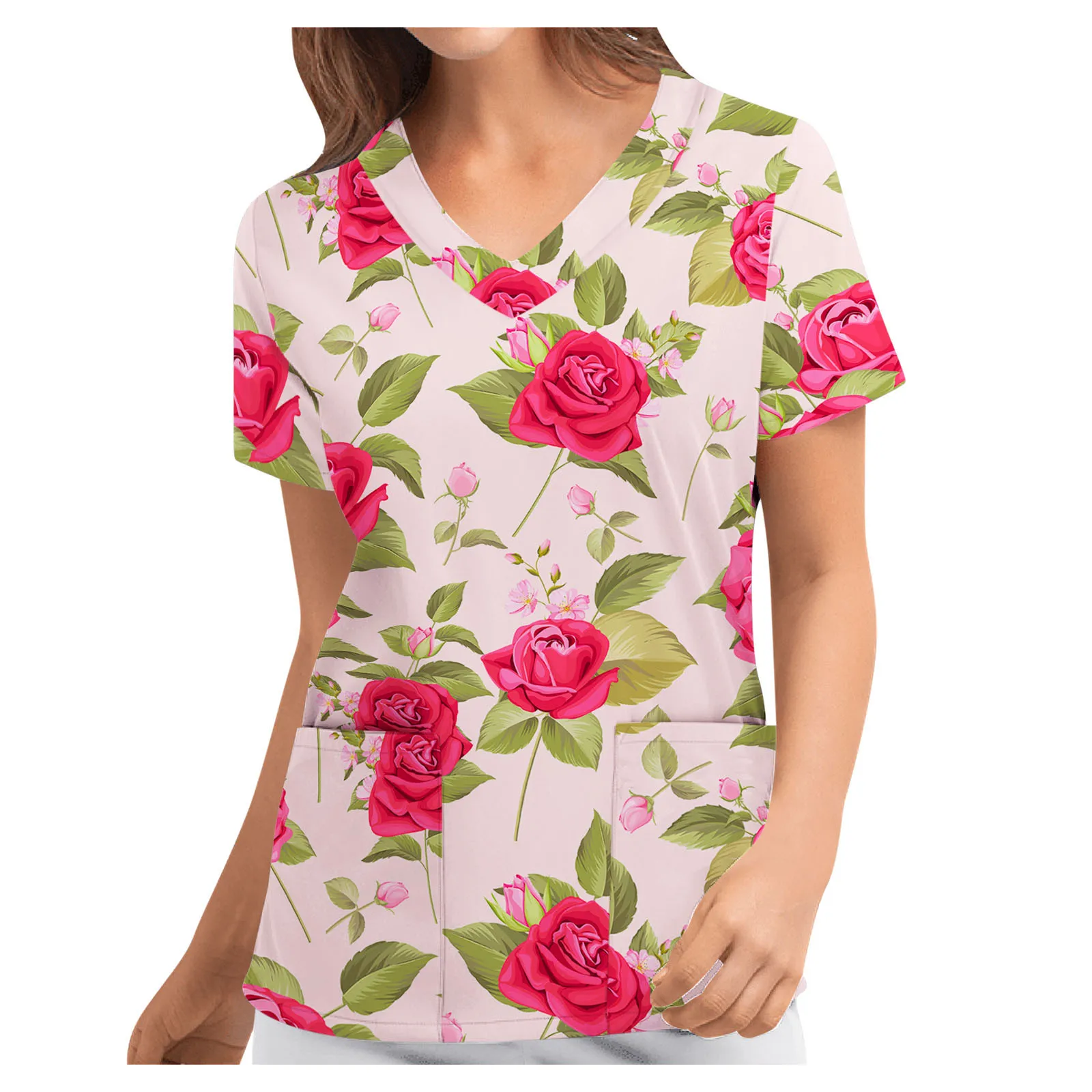 

Stylish Colorful Floral Pattern T-shirt Women Short Sleeve V-neck Tops Soft Nursing Working Uniform T-shirts