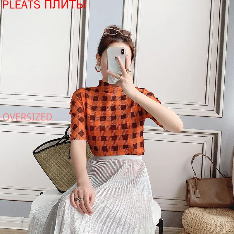 

MIYAKE Plaid Printed Top Women's Five-point Sleeve Autumn New Pleated Fashion Temperament Joker Semi-high Collar Base Shirt