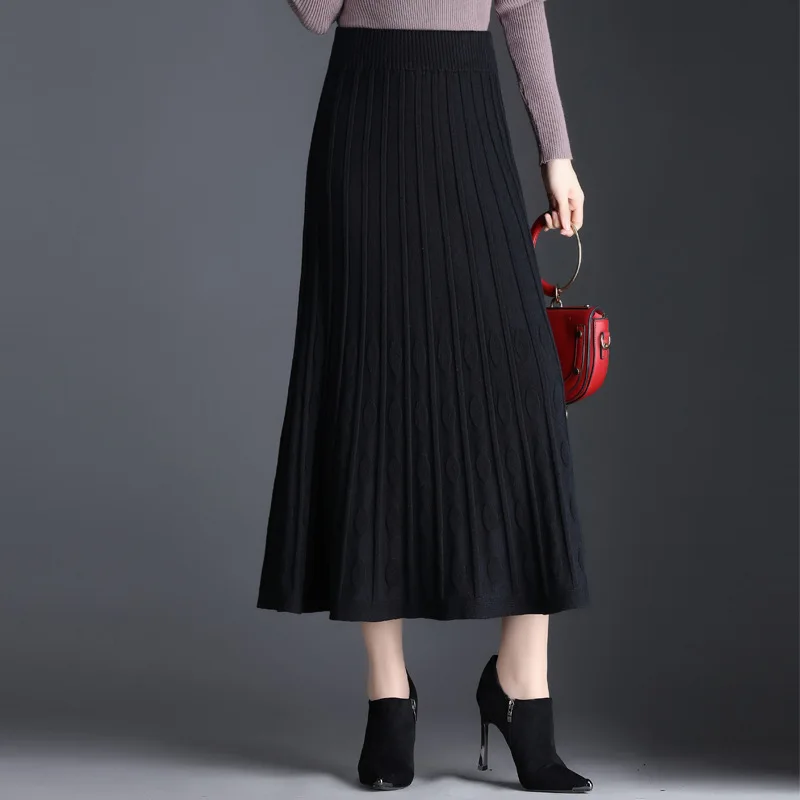 

Winter Clothes Women Vintage Elegant Elastic High Waist Knitted Black Skirt Lady Loose Big Swing Casual A-line Long Skirts Y703