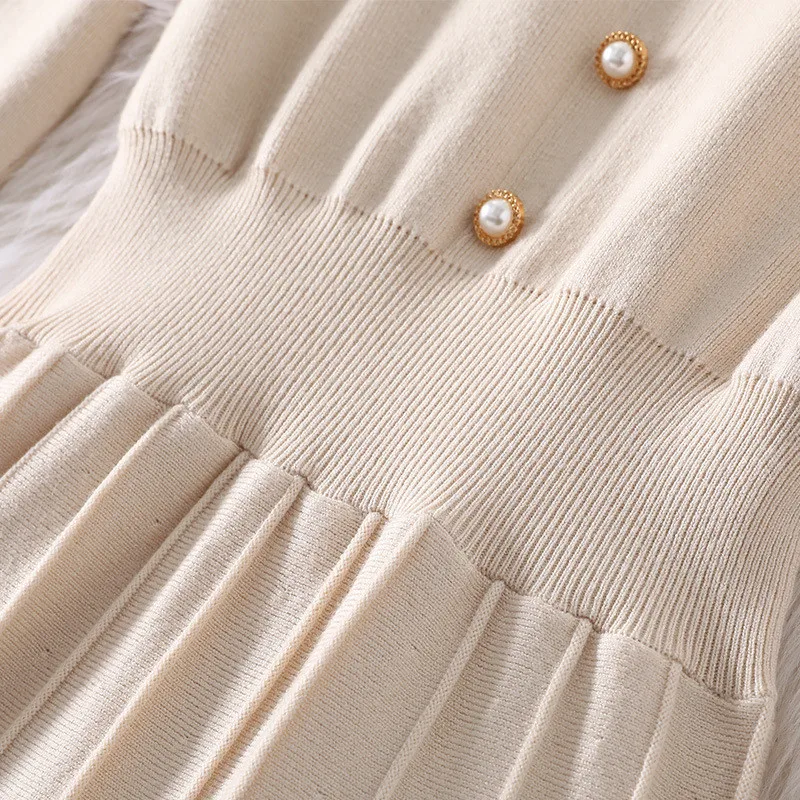 

Lady Elegant Vestidos Women 2020 New Fashion Autumn Winter Turn Down Collar Solid Knee Length Casual Aline Knitted Sweater Dress