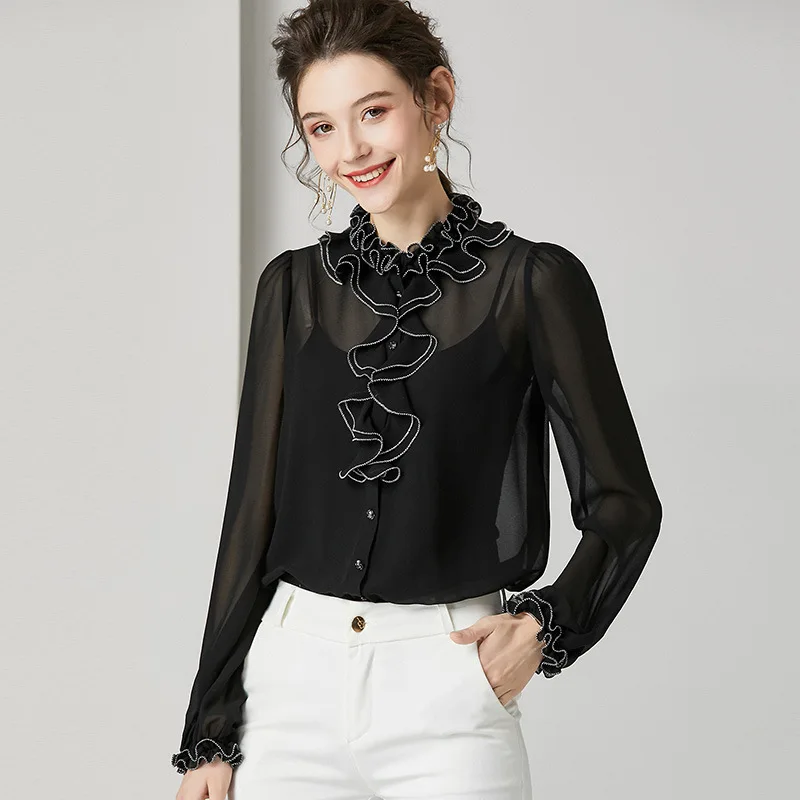 Women Spring Silk Blouse Fashion Lantern Sleeve Ruffled Casual Work Blouse Silk Shirt Slim Perspective Elegant Lady Tops