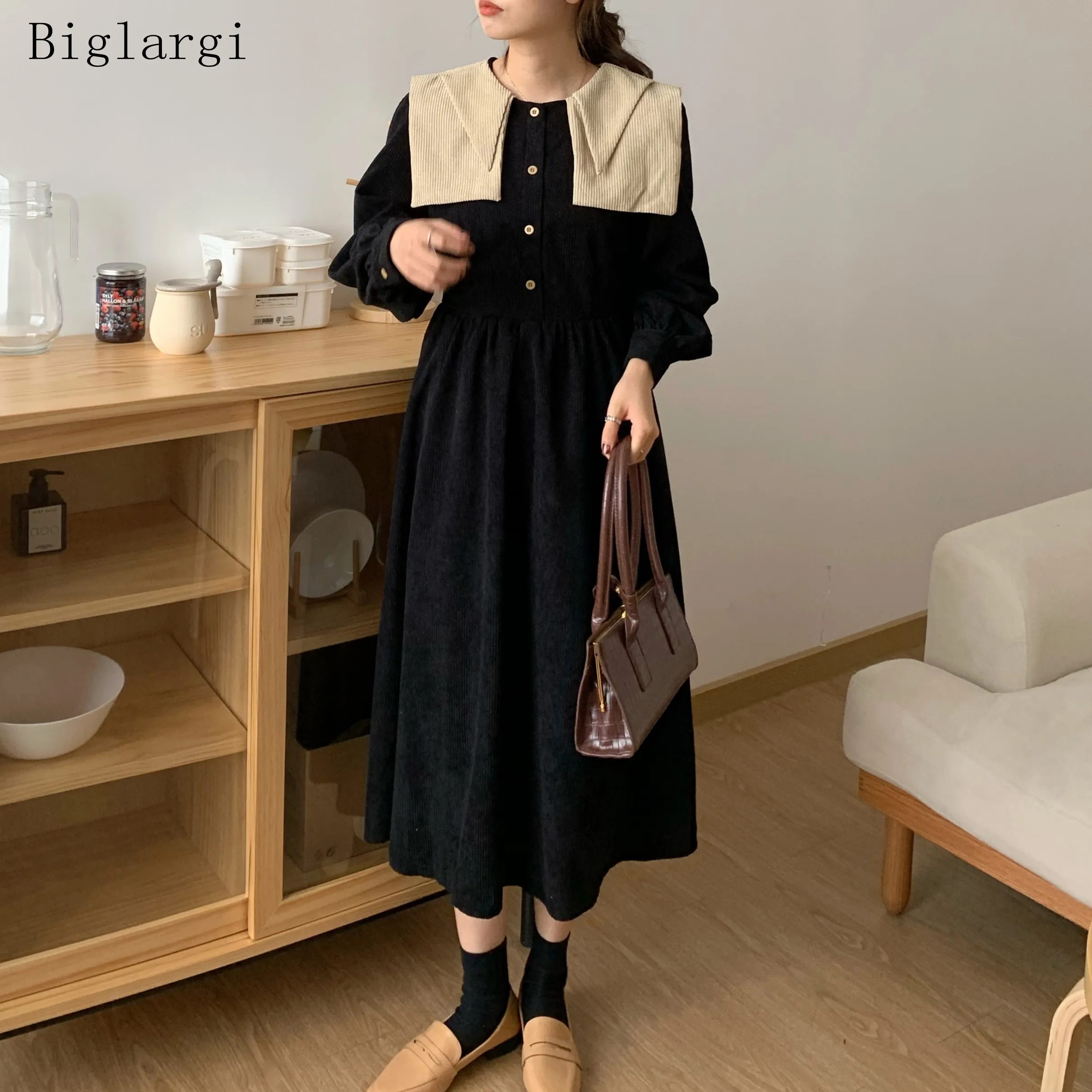 

Autumn Winter Double-layer Corduroy Dress Women Elegant Vintage Ladies Dresses Korean Style Long Sleeve Dress Woman 2021vestidos