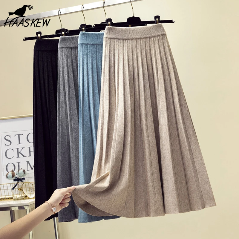 

Женская трикотажная юбка средней длины HAASKEW, голубая длинная Плиссированная юбка средней длины с высокой талией в Корейском стиле, Осень-зи...
