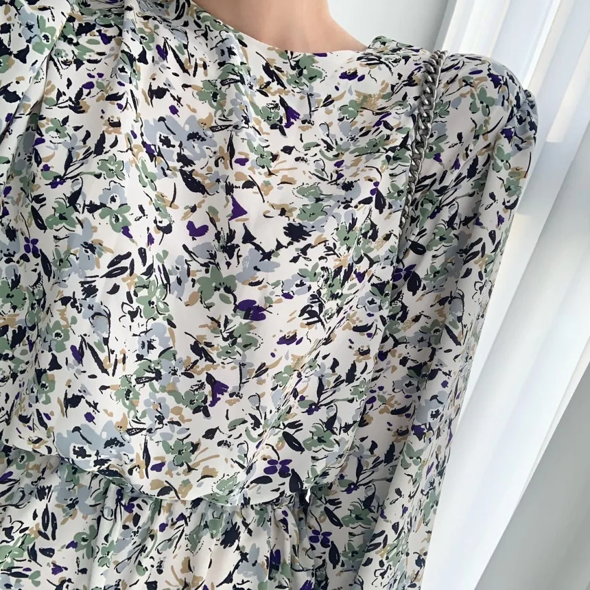 

Woman Dress Spring Summer 2021 Fashion Korean Elegant Vestidos Casuales Long Sleeve Puff Ruched Floral Print Vintage Y2k Dress
