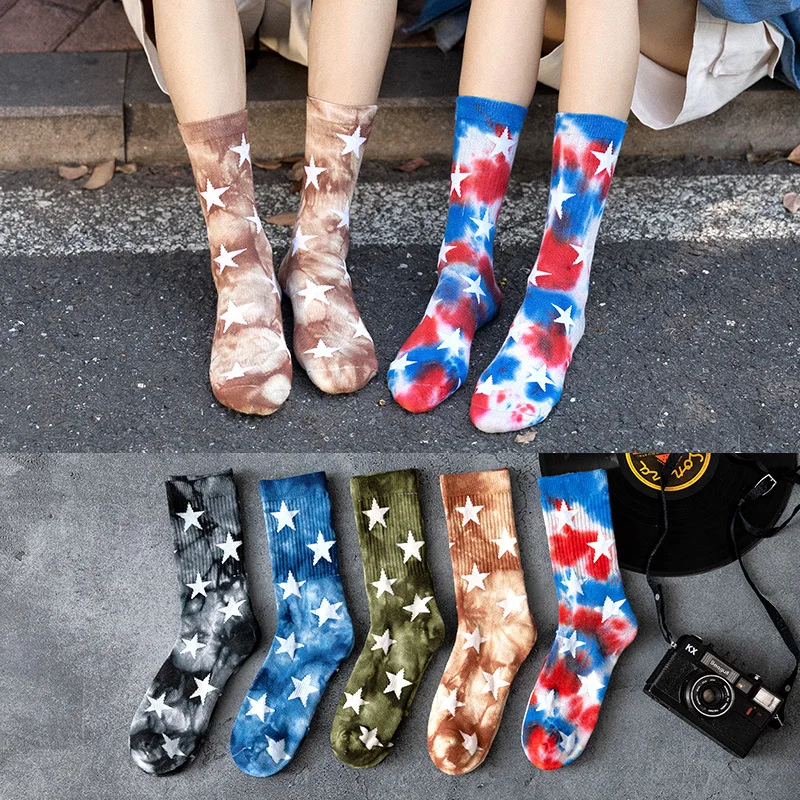 

Cotton Comfortable Couple Tie-dye men Funny Socks Keep Warm Five-pointed Star Street Personality woman's Stockings Leg Warmers
