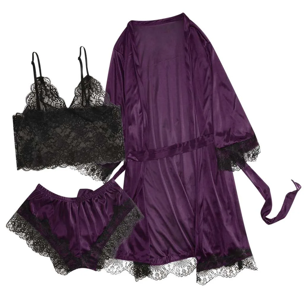 Purple Комплект из 3 предметов, Пижама для женщин, пижамные комплекты, сексуальный кружевной бюстгальтер, шорты, банный халат, Ночная одежда, костюмы для сна, атласные пижамы для женщин, пижама Mujer - Цвет: Purple
