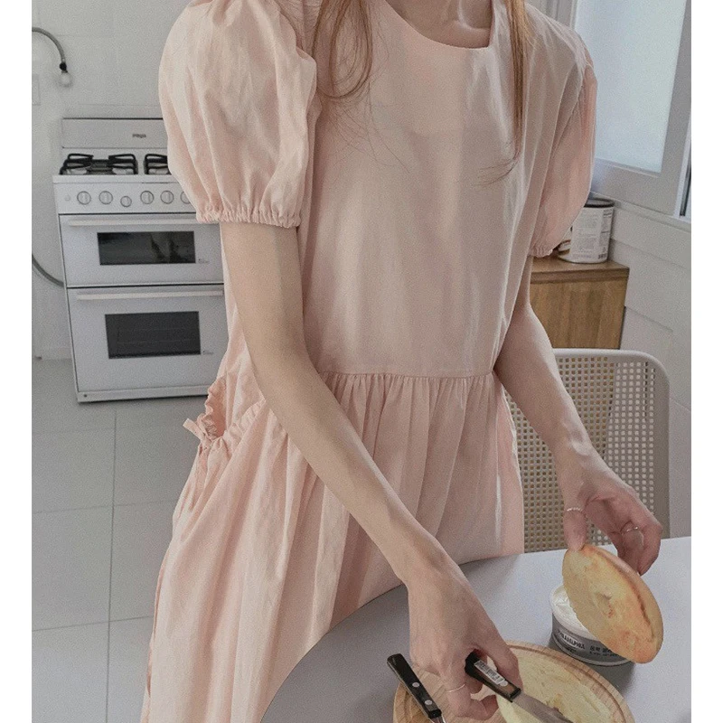 

Korean Chic Sweet Round Neck Double Pocket Design Slimming Bow Tie Puff Sleeve Dress Female Dress and Loose Mid-length