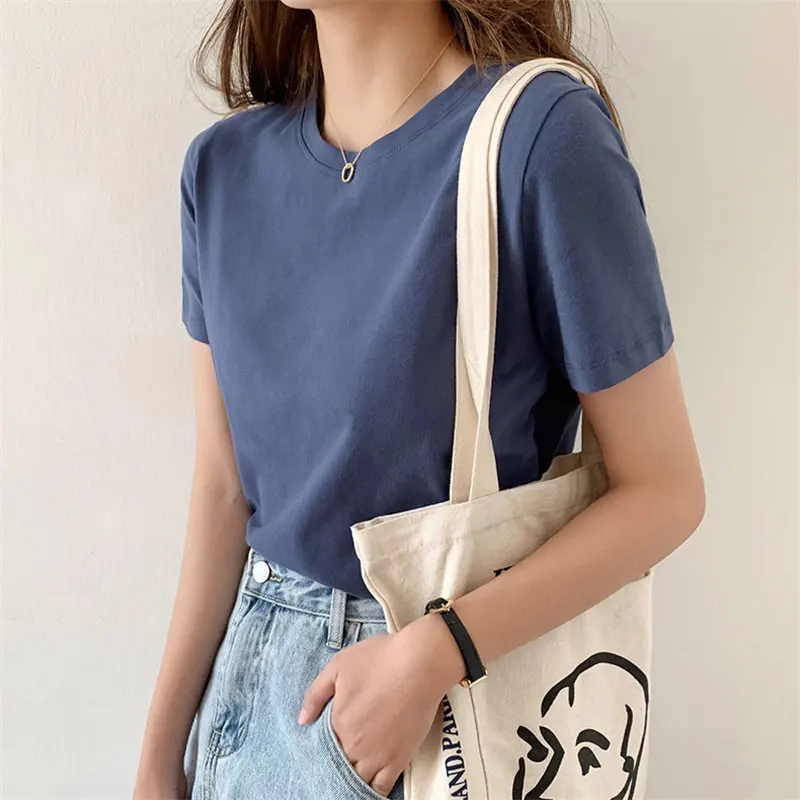 

Stowaulb Short-Sleeved Solid Brief Pullovers Basewear Basic Chic 2021 Korean Loose Hot Tops Casual Tee Retro Gentle T-shirts