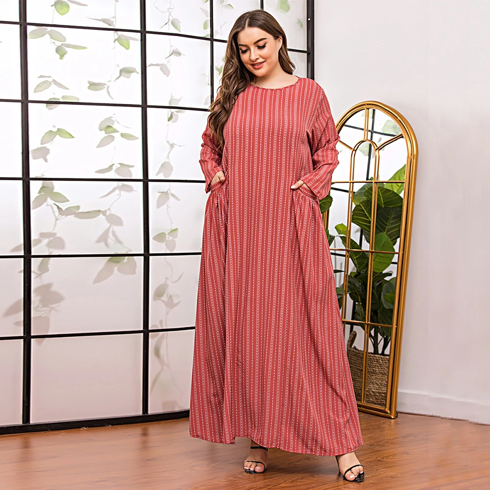

Muslim Plus Size Women Dress Loose Pockets Design Full Sleeve Maxi Dresses Casual Striped Turkey Arabic Islamic Clothing 2020