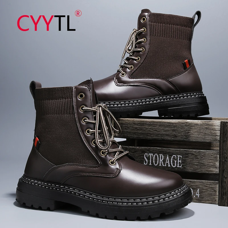 

CYYTL 2021 Winter Fashion Men's Boots Glossy Leather Ankle Business Dress Shoes Thick Sole Walking Motorcycle Work Booties