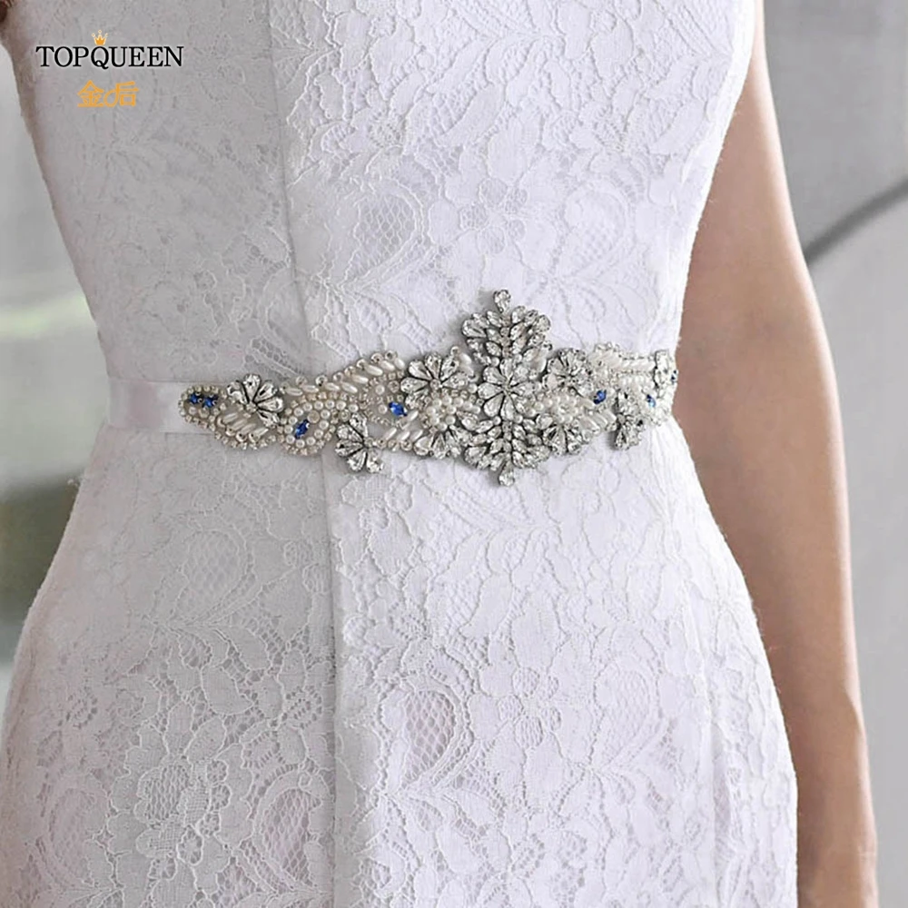 TOPQUEEN S487 Luxury Bride Gown Belt Shiny Jewel Blue Rhinestones Diamond Appliques Bridal Wedding Women Dress Sash Accessories images - 6
