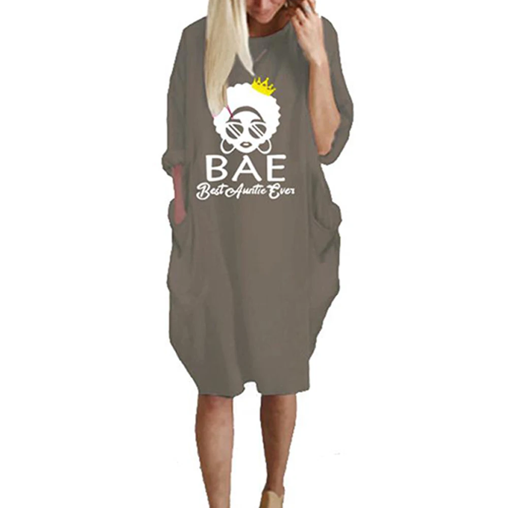 

Holiday Long Sleeve Large Dress Casual Oversized Black Loose Women Dresses Ladies Letter Print Double Pockets O Neck