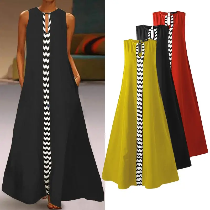 

Plus Size Printed Maxi Dress Vintage Women's Spliced Sundress 2021 Fashion Summer Tank Vestidos Female Robe