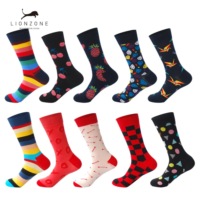 LIONZONE 10 пар/лот смешные мужские носки Calcetines Divertidos подарки для мужчин Красочные дизайнерские брендовые счастливые носки Meias Masculino