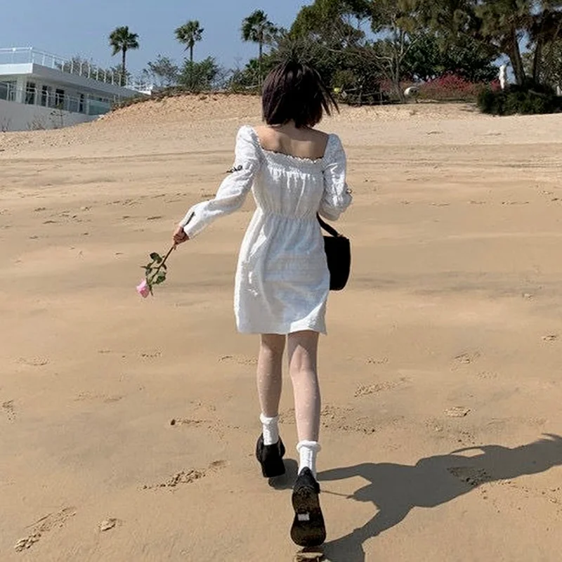 

QWEEK Vintage White Dresses Woman 2021 Beach Soft Retro Elegant Mesh Square Collar Ruffle Long Sleeve Mini Dress 2021 Robes