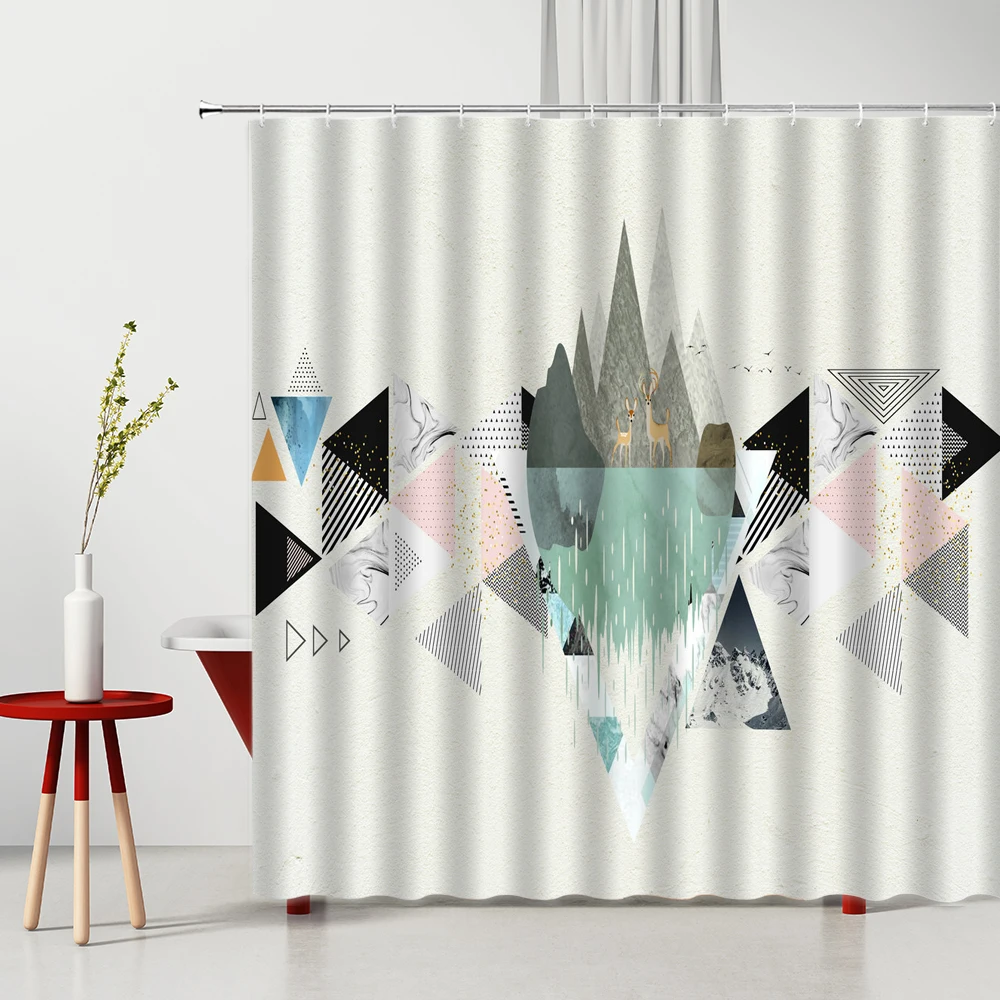 

Nordic Minimalist Geometric Shower Curtain Abstract Stripes Art Hand-Painted Elk Home Bathroom Decor Polyester Bath Curtains Set