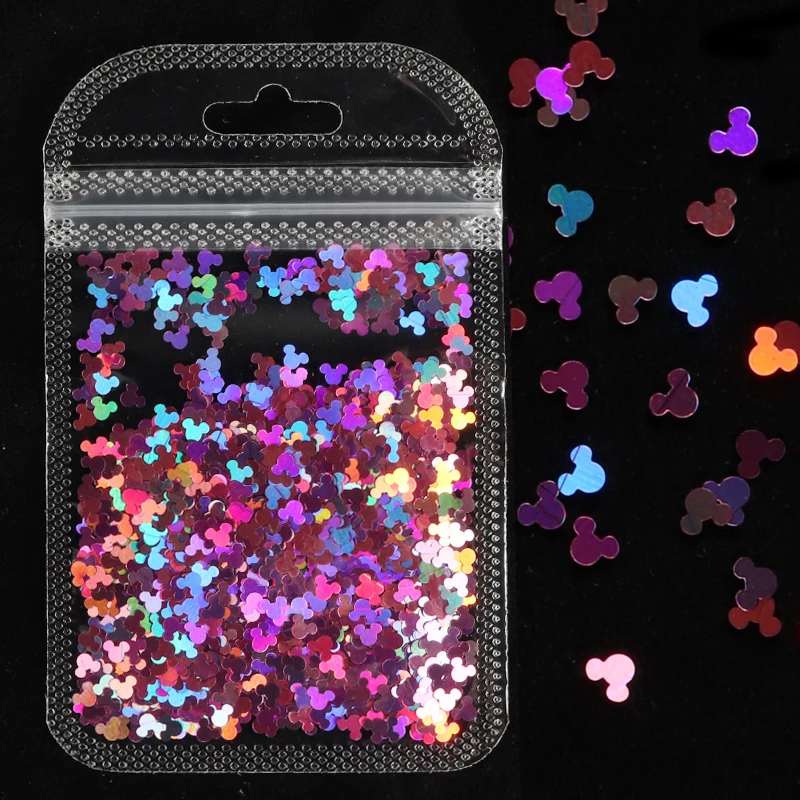 1 bolsa de arte hologr&aacute;fico para u&ntilde;as, lentejuelas brillantes, L&aacute;ser de dibujos animados, copos en forma de cabeza de rat&oacute;n, suministros de u&ntilde;as artesanales para accesorios profesionales-5