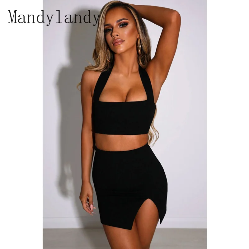 Mandylandy-Conjunto de dos piezas para mujer, Top corto de cuello Halter sin mangas con cintura elástica alta, falda dividida, trajes para mujer