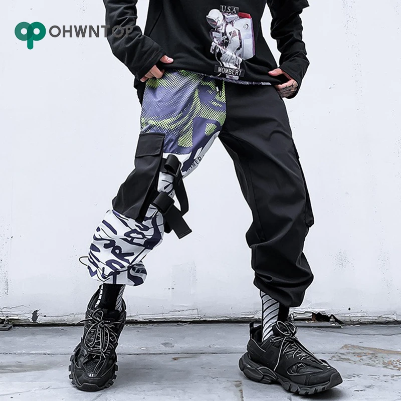 Новая черная лента камуфляжные лоскутные брюки карго мужские спортивные штаны с