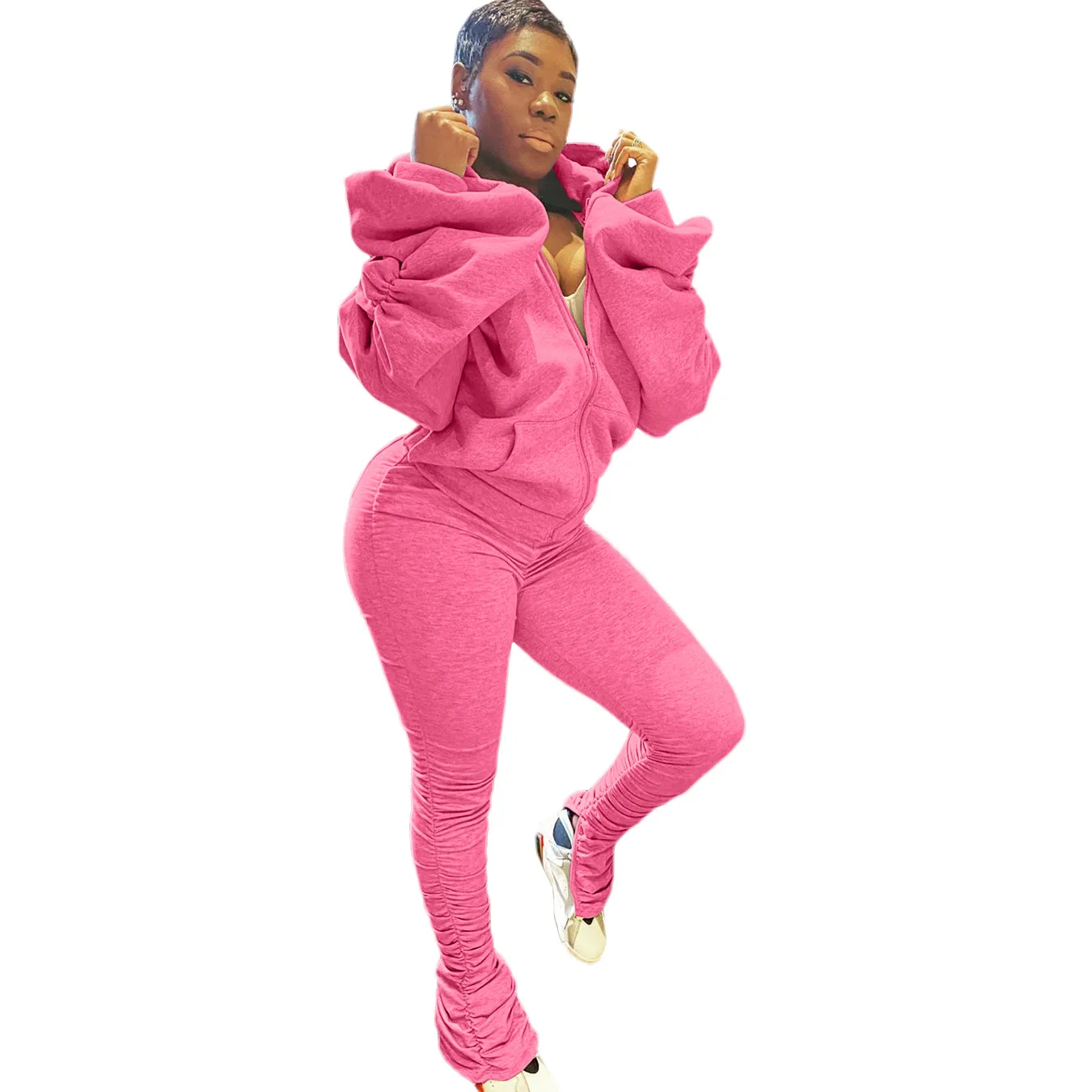 

women's pleated split pants bubble sleeve open back Hoodie 2-piece