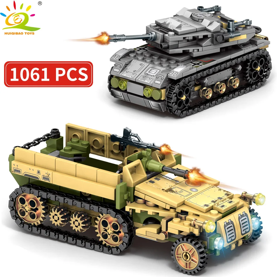 Игрушки HUIQIBAO, 1061 шт, армейские бронированные машины, строительные блоки для детей, мальчиков, военные танки, кирпичи для тележки
