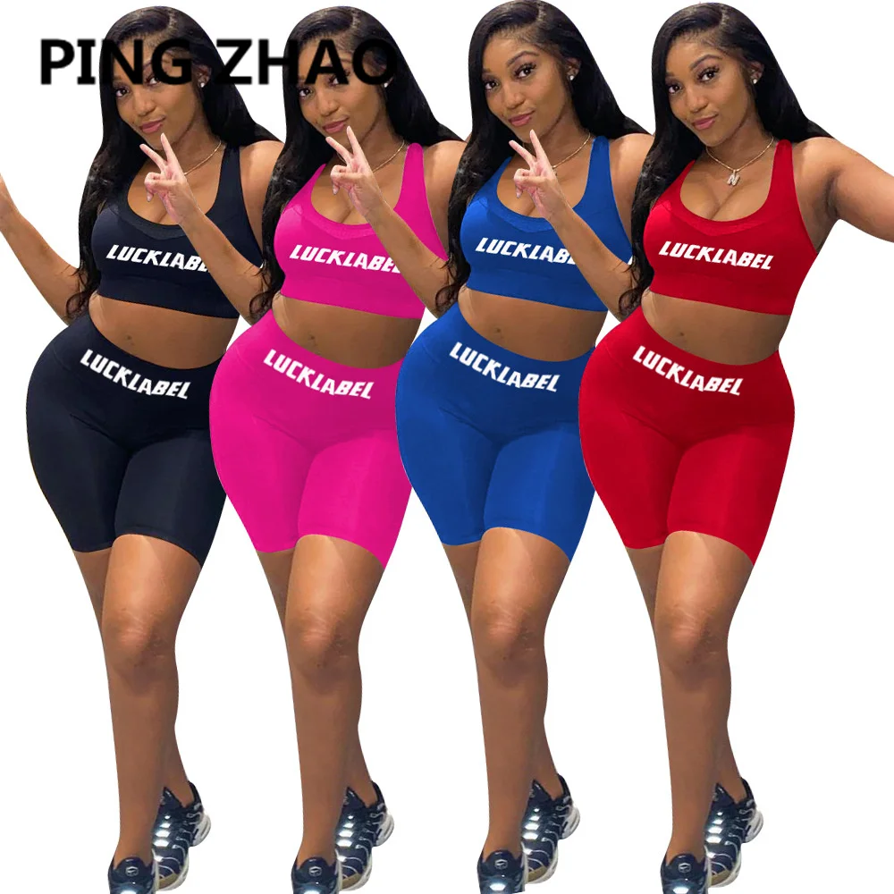 

PING ZHAO Letters Print Women Casual Two Piece Set Sleeveless Vest Crop Top Sporty Shorts Tracksuit